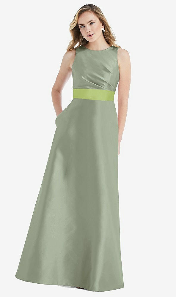Front View - Sage & Mojito High-Neck Asymmetrical Shirred Satin Maxi Dress with Pockets