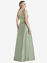 Rear View Thumbnail - Sage & Mojito High-Neck Asymmetrical Shirred Satin Maxi Dress with Pockets