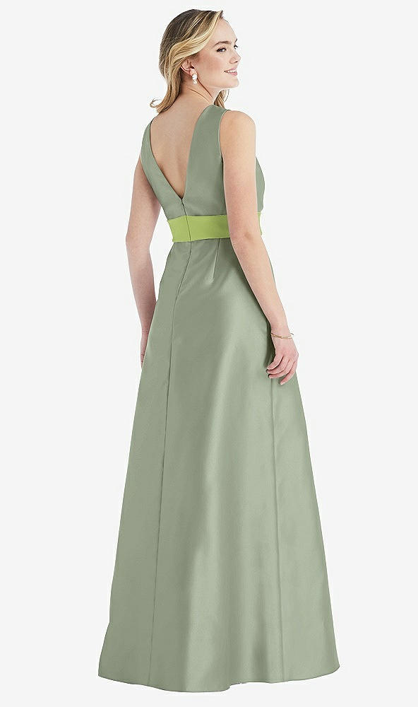 Back View - Sage & Mojito High-Neck Asymmetrical Shirred Satin Maxi Dress with Pockets