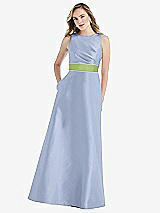 Front View Thumbnail - Sky Blue & Mojito High-Neck Asymmetrical Shirred Satin Maxi Dress with Pockets