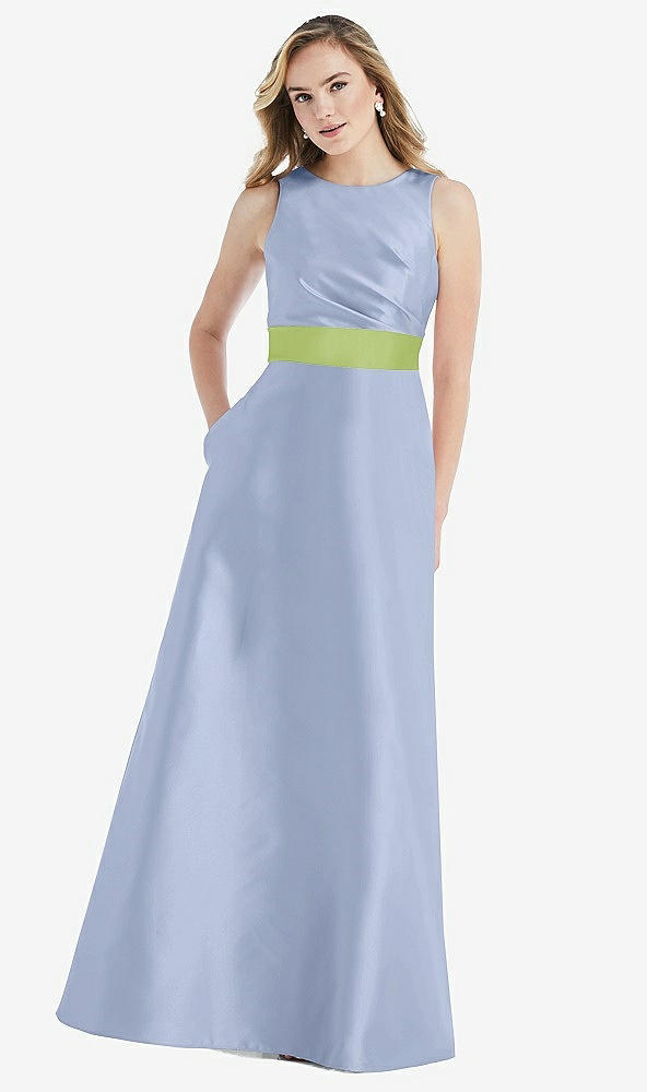 Front View - Sky Blue & Mojito High-Neck Asymmetrical Shirred Satin Maxi Dress with Pockets
