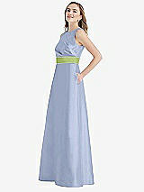 Side View Thumbnail - Sky Blue & Mojito High-Neck Asymmetrical Shirred Satin Maxi Dress with Pockets