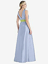 Rear View Thumbnail - Sky Blue & Mojito High-Neck Asymmetrical Shirred Satin Maxi Dress with Pockets