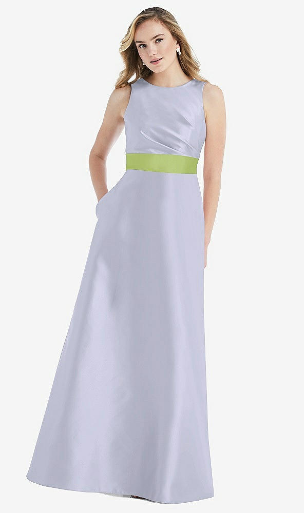 Front View - Silver Dove & Mojito High-Neck Asymmetrical Shirred Satin Maxi Dress with Pockets