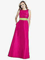 Front View Thumbnail - Think Pink & Mojito High-Neck Asymmetrical Shirred Satin Maxi Dress with Pockets
