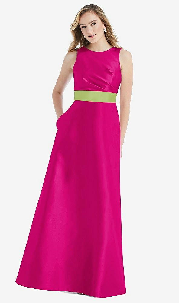 Front View - Think Pink & Mojito High-Neck Asymmetrical Shirred Satin Maxi Dress with Pockets