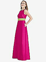 Side View Thumbnail - Think Pink & Mojito High-Neck Asymmetrical Shirred Satin Maxi Dress with Pockets