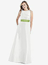 Front View Thumbnail - White & Mojito High-Neck Asymmetrical Shirred Satin Maxi Dress with Pockets