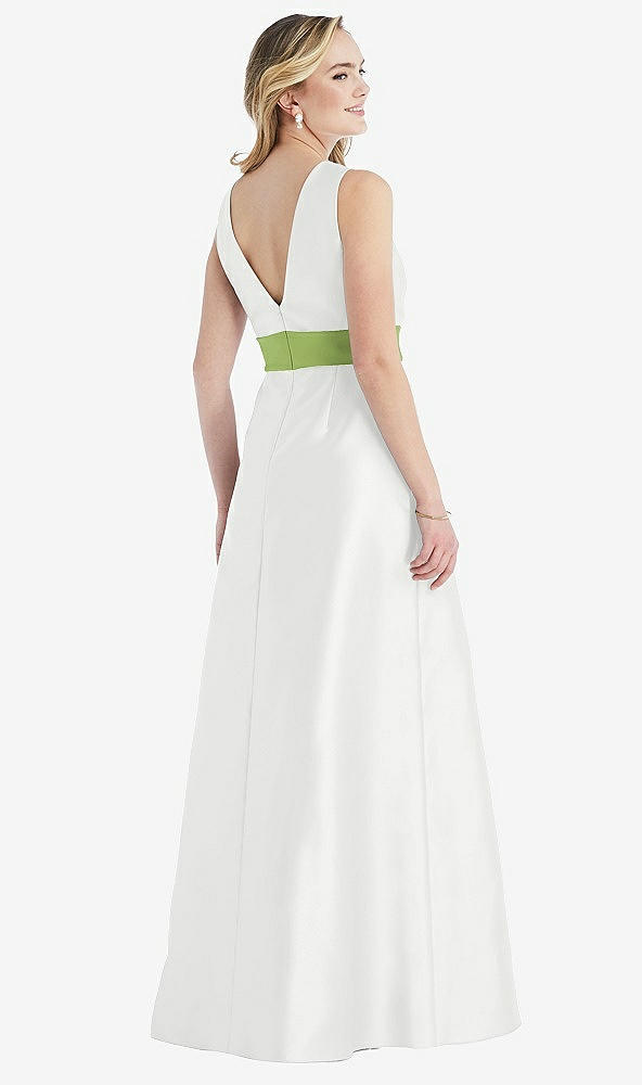 Back View - White & Mojito High-Neck Asymmetrical Shirred Satin Maxi Dress with Pockets