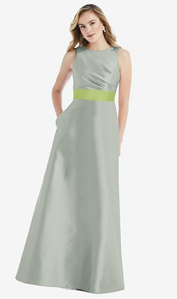 Front View - Willow Green & Mojito High-Neck Asymmetrical Shirred Satin Maxi Dress with Pockets