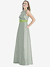 Side View Thumbnail - Willow Green & Mojito High-Neck Asymmetrical Shirred Satin Maxi Dress with Pockets