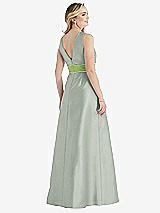 Rear View Thumbnail - Willow Green & Mojito High-Neck Asymmetrical Shirred Satin Maxi Dress with Pockets