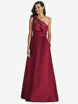 Alt View 1 Thumbnail - Burgundy & Burgundy Draped One-Shoulder Satin Maxi Dress with Pockets