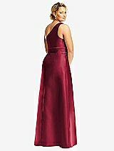 Rear View Thumbnail - Burgundy & Burgundy Draped One-Shoulder Satin Maxi Dress with Pockets