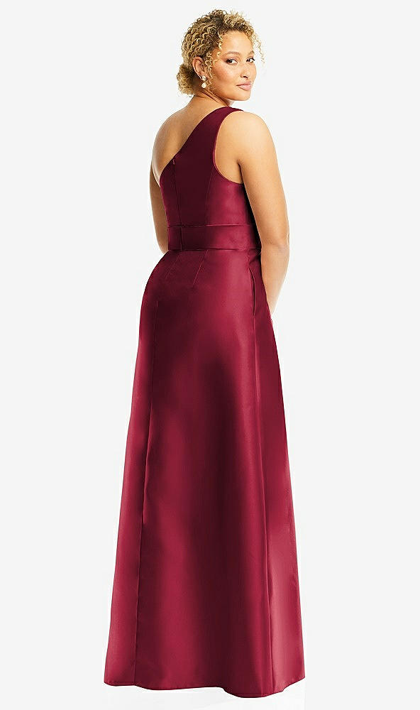 Back View - Burgundy & Burgundy Draped One-Shoulder Satin Maxi Dress with Pockets