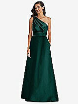 Front View Thumbnail - Evergreen & Evergreen Draped One-Shoulder Satin Maxi Dress with Pockets