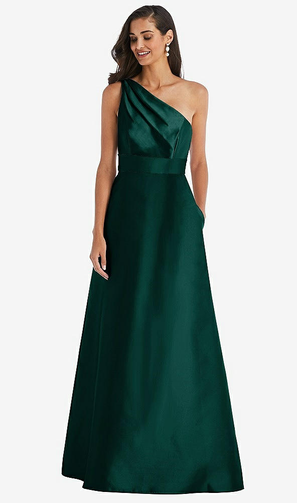 Front View - Evergreen & Evergreen Draped One-Shoulder Satin Maxi Dress with Pockets