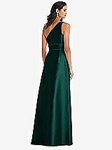 Rear View Thumbnail - Evergreen & Evergreen Draped One-Shoulder Satin Maxi Dress with Pockets