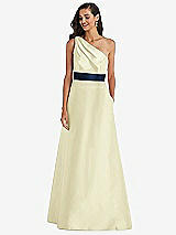 Alt View 1 Thumbnail - Butter Yellow & Midnight Navy Draped One-Shoulder Satin Maxi Dress with Pockets