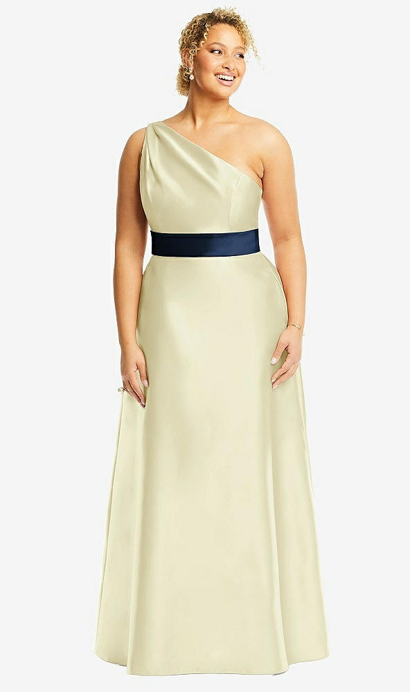 Front View - Butter Yellow & Midnight Navy Draped One-Shoulder Satin Maxi Dress with Pockets