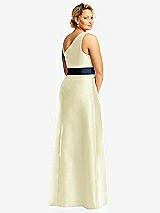 Rear View Thumbnail - Butter Yellow & Midnight Navy Draped One-Shoulder Satin Maxi Dress with Pockets