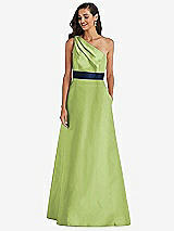Alt View 1 Thumbnail - Mojito & Midnight Navy Draped One-Shoulder Satin Maxi Dress with Pockets