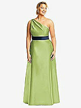 Front View Thumbnail - Mojito & Midnight Navy Draped One-Shoulder Satin Maxi Dress with Pockets