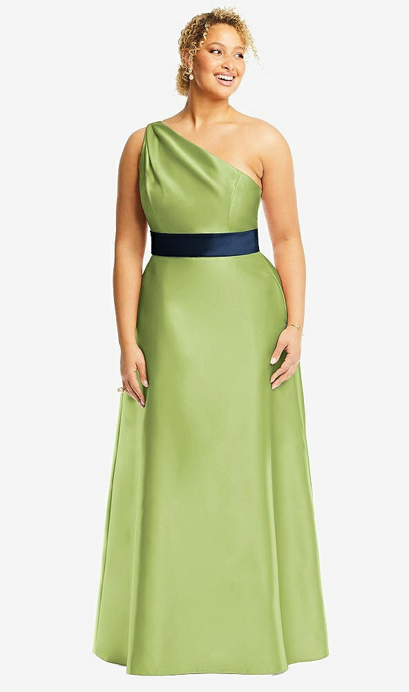 Front View - Mojito & Midnight Navy Draped One-Shoulder Satin Maxi Dress with Pockets