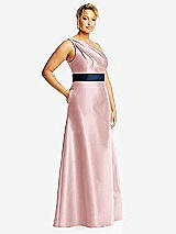 Side View Thumbnail - Ballet Pink & Midnight Navy Draped One-Shoulder Satin Maxi Dress with Pockets