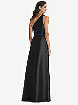 Alt View 3 Thumbnail - Black & Midnight Navy Draped One-Shoulder Satin Maxi Dress with Pockets