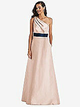 Alt View 1 Thumbnail - Cameo & Midnight Navy Draped One-Shoulder Satin Maxi Dress with Pockets