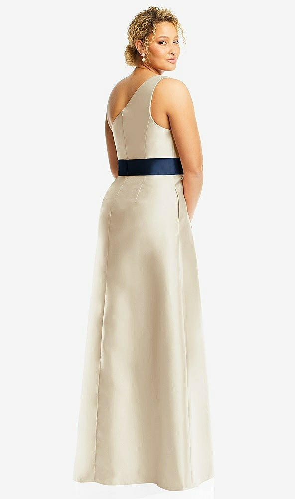 Back View - Champagne & Midnight Navy Draped One-Shoulder Satin Maxi Dress with Pockets