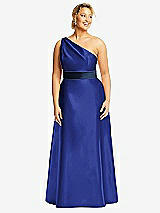 Front View Thumbnail - Cobalt Blue & Midnight Navy Draped One-Shoulder Satin Maxi Dress with Pockets