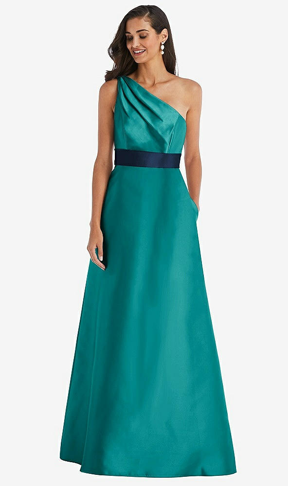 Front View - Jade & Midnight Navy Draped One-Shoulder Satin Maxi Dress with Pockets