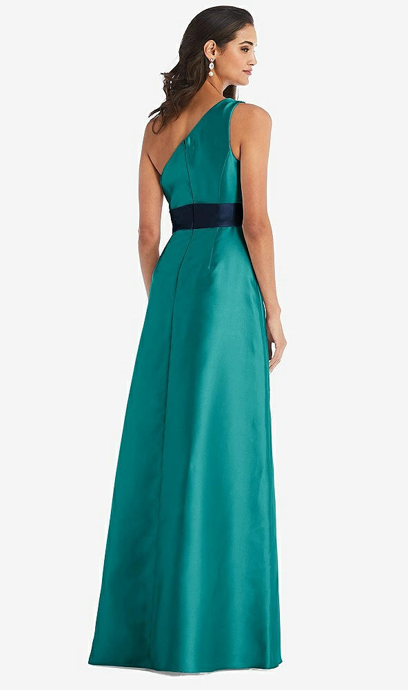 Back View - Jade & Midnight Navy Draped One-Shoulder Satin Maxi Dress with Pockets