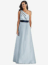Alt View 1 Thumbnail - Mist & Midnight Navy Draped One-Shoulder Satin Maxi Dress with Pockets