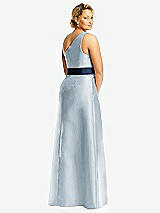 Rear View Thumbnail - Mist & Midnight Navy Draped One-Shoulder Satin Maxi Dress with Pockets