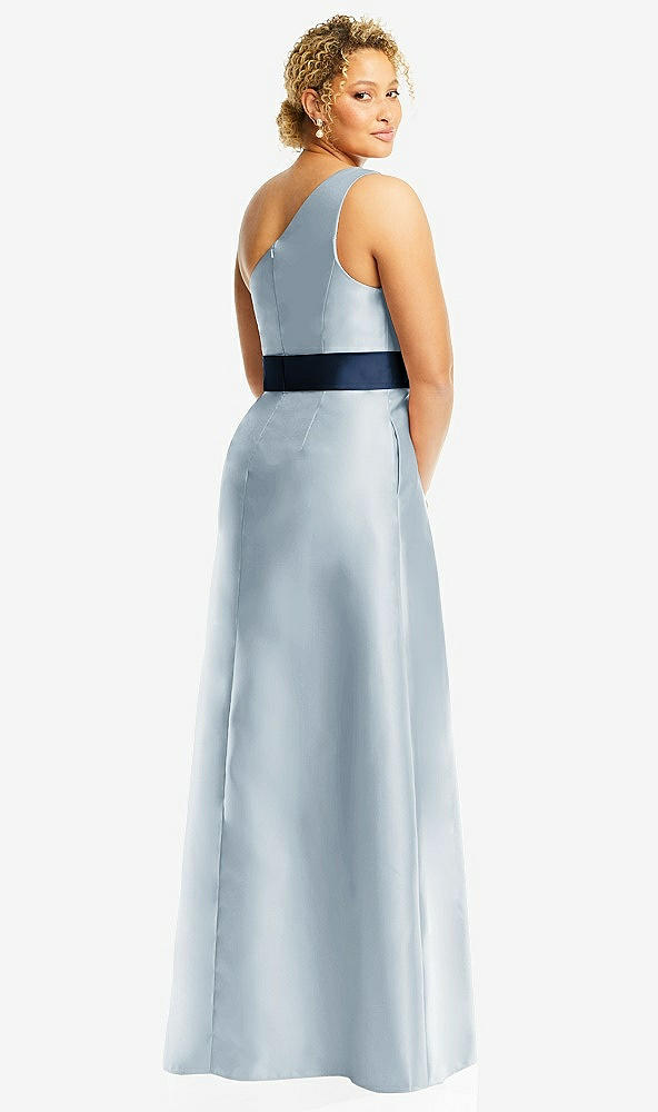 Back View - Mist & Midnight Navy Draped One-Shoulder Satin Maxi Dress with Pockets