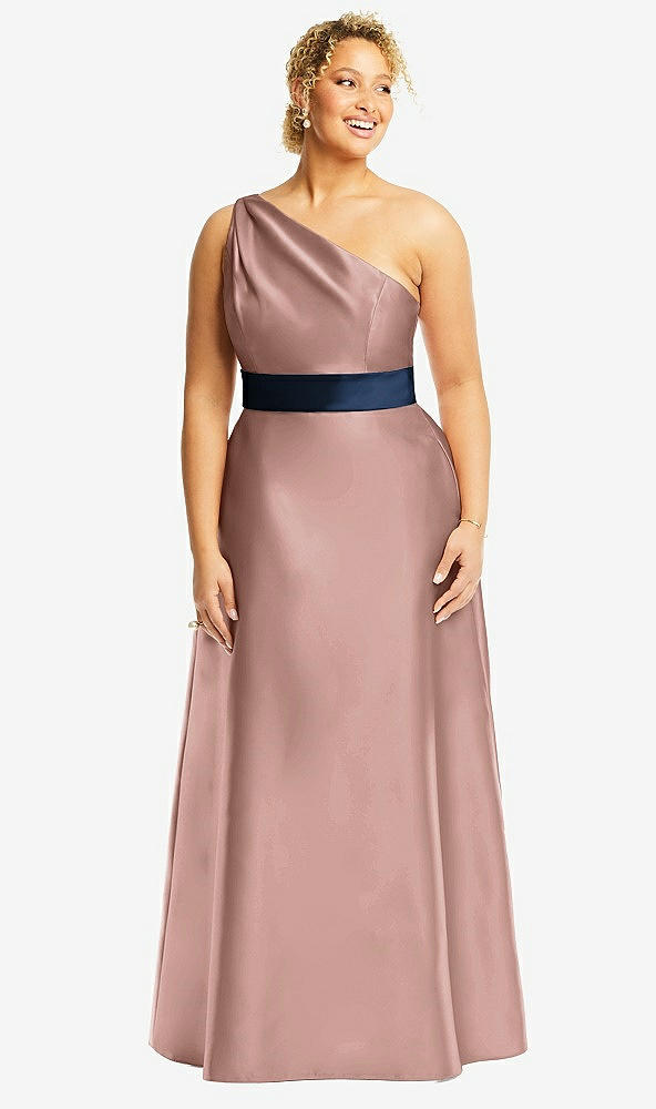 Front View - Neu Nude & Midnight Navy Draped One-Shoulder Satin Maxi Dress with Pockets