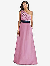 Alt View 1 Thumbnail - Powder Pink & Midnight Navy Draped One-Shoulder Satin Maxi Dress with Pockets