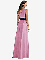 Alt View 3 Thumbnail - Powder Pink & Midnight Navy Draped One-Shoulder Satin Maxi Dress with Pockets