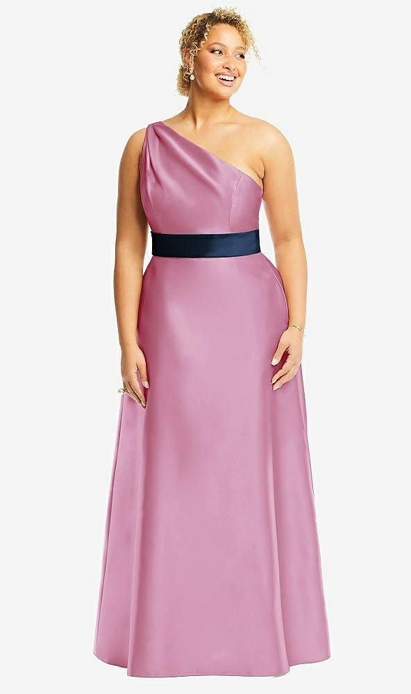 Front View - Powder Pink & Midnight Navy Draped One-Shoulder Satin Maxi Dress with Pockets