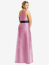 Rear View Thumbnail - Powder Pink & Midnight Navy Draped One-Shoulder Satin Maxi Dress with Pockets