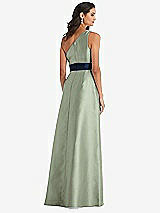 Alt View 3 Thumbnail - Sage & Midnight Navy Draped One-Shoulder Satin Maxi Dress with Pockets