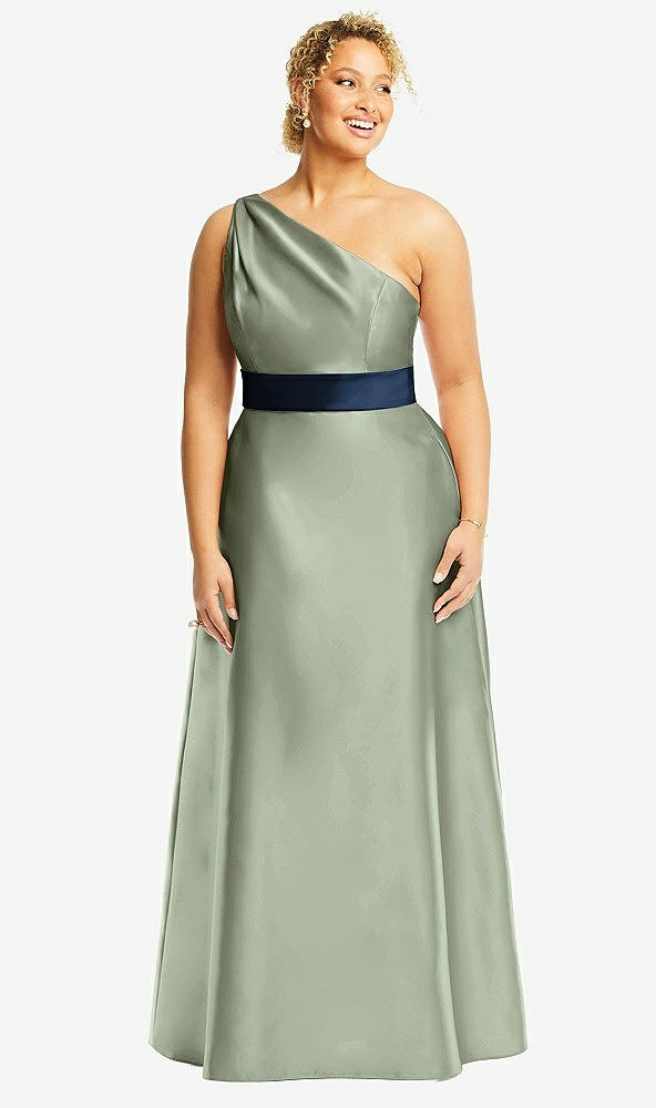 Front View - Sage & Midnight Navy Draped One-Shoulder Satin Maxi Dress with Pockets