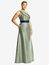 Side View Thumbnail - Sage & Midnight Navy Draped One-Shoulder Satin Maxi Dress with Pockets