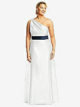 Front View Thumbnail - White & Midnight Navy Draped One-Shoulder Satin Maxi Dress with Pockets