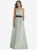 Alt View 1 Thumbnail - Willow Green & Midnight Navy Draped One-Shoulder Satin Maxi Dress with Pockets