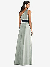Alt View 3 Thumbnail - Willow Green & Midnight Navy Draped One-Shoulder Satin Maxi Dress with Pockets