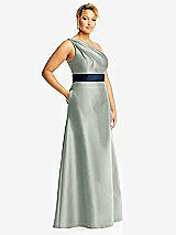 Side View Thumbnail - Willow Green & Midnight Navy Draped One-Shoulder Satin Maxi Dress with Pockets